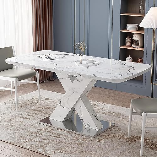 Goderfuu Extendable Marble Dining Table Set for 6 - Modern Dining Table with White X-Shaped Base and Faux Marble Top, 63 inch Rectangular Dining Table, Kitchen Table Dinner Table Dining Room Table