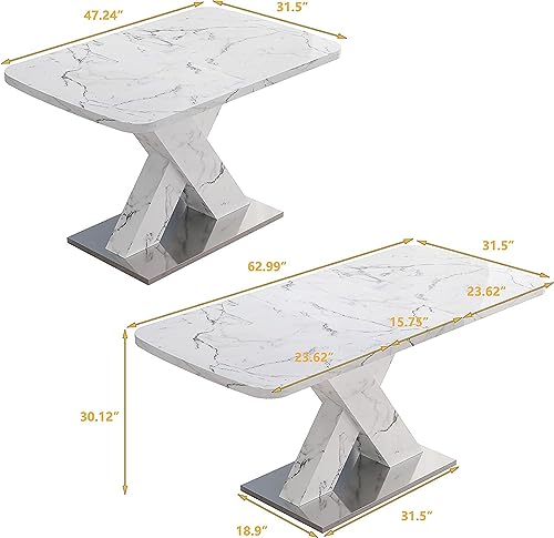 Goderfuu Extendable Marble Dining Table Set for 6 - Modern Dining Table with White X-Shaped Base and Faux Marble Top, 63 inch Rectangular Dining Table, Kitchen Table Dinner Table Dining Room Table