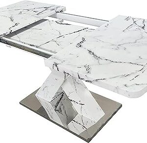 Goderfuu Extendable Marble Dining Table Set for 6 - Modern Dining Table with White X-Shaped Base and Faux Marble Top, 63 inch Rectangular Dining Table, Kitchen Table Dinner Table Dining Room Table