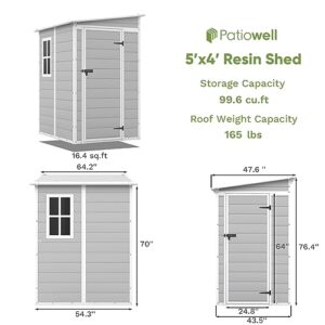 Patiowell 5x4 FT Outdoor Storage Shed, Resin Storage Shed with Floor & Window & Lockable Door for Patio Furniture, Garden Tools and Bicycle, White & Grey