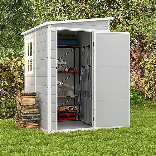Patiowell 5x4 FT Outdoor Storage Shed, Resin Storage Shed with Floor & Window & Lockable Door for Patio Furniture, Garden Tools and Bicycle, White & Grey