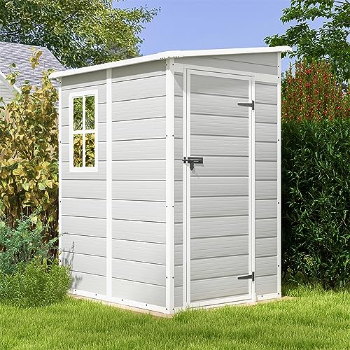 Patiowell 5x4 FT Outdoor Storage Shed, Resin Storage Shed with Floor & Window & Lockable Door for Patio Furniture, Garden Tools and Bicycle, White & Grey