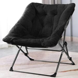 oakham comfy saucer chair, folding faux fur lounge chair for bedroom and living room, flexible seating for kids teens adults, x-large (faux fur-black)