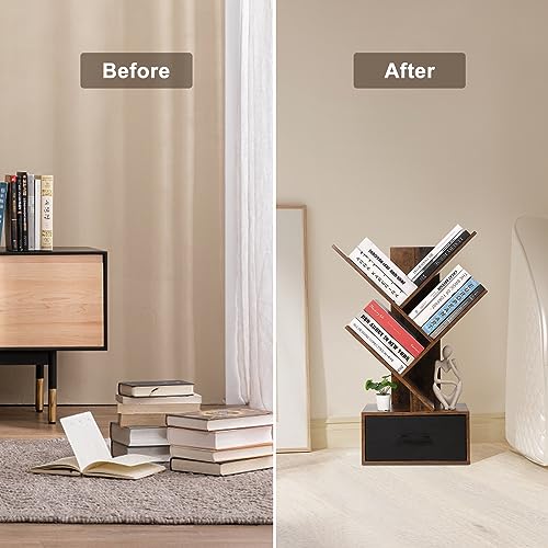 Fashionwu Tree Bookshelf with Drawer, 4-Tier Wooden Bookshelves Storage Rack for CDs/Movies/Books, Rustic Brown Bookcase, Utility Organizer Shelves for Living Room, Bedroom, Home, Office