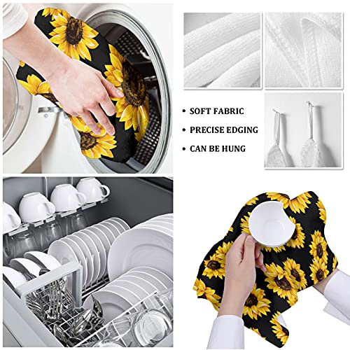 Decorfine Premium Kitchen Towels 18x28 Inch - Absorbent Dish Towels Sunflower Black Background Hand Dish Cloths for Drying and Cleaning, 4 PCS