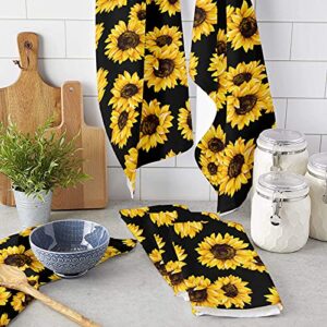 Decorfine Premium Kitchen Towels 18x28 Inch - Absorbent Dish Towels Sunflower Black Background Hand Dish Cloths for Drying and Cleaning, 4 PCS