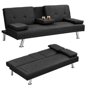 lunale futon sofa bed, convertible tufted futon sofa couch with 2 cup holders, modern leather futon couch with removable armrest for apartment living room small space, sleeper sofa, black