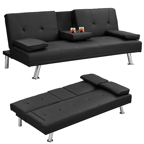 Lunale Futon Sofa Bed, Convertible Tufted Futon Sofa Couch with 2 Cup Holders, Modern Leather Futon Couch with Removable Armrest for Apartment Living Room Small Space, Sleeper Sofa, Black