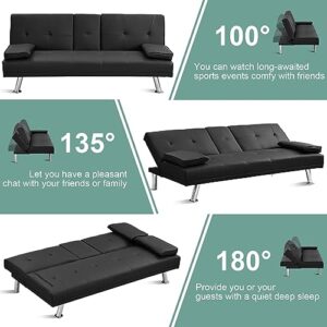 Lunale Futon Sofa Bed, Convertible Tufted Futon Sofa Couch with 2 Cup Holders, Modern Leather Futon Couch with Removable Armrest for Apartment Living Room Small Space, Sleeper Sofa, Black