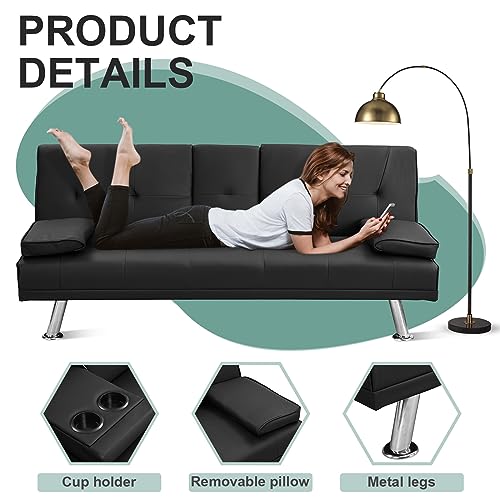 Lunale Futon Sofa Bed, Convertible Tufted Futon Sofa Couch with 2 Cup Holders, Modern Leather Futon Couch with Removable Armrest for Apartment Living Room Small Space, Sleeper Sofa, Black