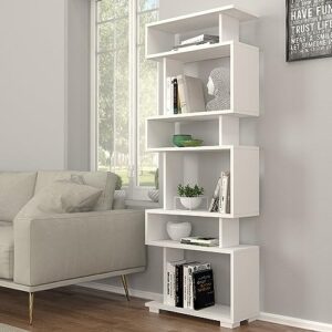 dorpek slender bookcase white,s- shaped 6- tier tall bookshelf, etagere bookcase with open shelves, floor standing unit, storage shelving for living room and home office