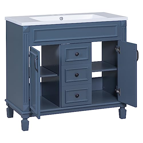 Aiuyesuo 36'' Modern Bathroom Vanity, Royal Blue Mirror Combo Stand Cabinet, Modern Bathroom Storage Cabinet with 2 Soft Closing Doors and 2 Drawers, Single Sink Bathroom Vanity