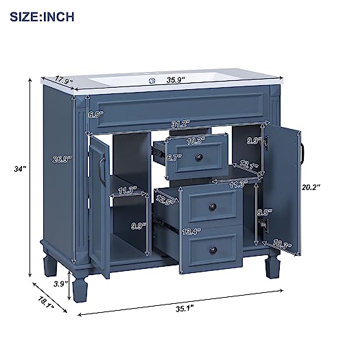 Aiuyesuo 36'' Modern Bathroom Vanity, Royal Blue Mirror Combo Stand Cabinet, Modern Bathroom Storage Cabinet with 2 Soft Closing Doors and 2 Drawers, Single Sink Bathroom Vanity