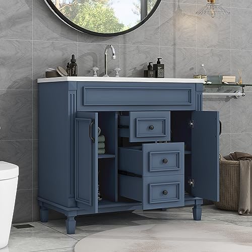 Aiuyesuo 36'' Modern Bathroom Vanity, Royal Blue Mirror Combo Stand Cabinet, Modern Bathroom Storage Cabinet with 2 Soft Closing Doors and 2 Drawers, Single Sink Bathroom Vanity