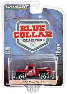 1956 f-100 pickup truck red and black service, parts & sales blue collar collection series 12 1/64 diecast model car by greenlight 35260a