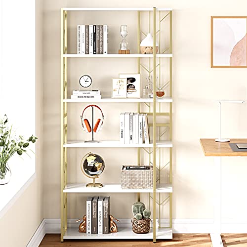 GAOMON 6 Tier Bookshelf Gold Bookcase Tall Standing Bookshelves Modern Storage Rack Shelf Large Unique Display Racks Metal Book Shelf for Bedroom, Living Room, Home Office