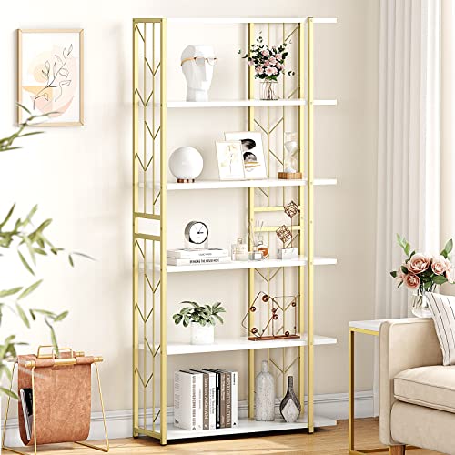 GAOMON 6 Tier Bookshelf Gold Bookcase Tall Standing Bookshelves Modern Storage Rack Shelf Large Unique Display Racks Metal Book Shelf for Bedroom, Living Room, Home Office