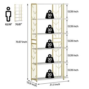 GAOMON 6 Tier Bookshelf Gold Bookcase Tall Standing Bookshelves Modern Storage Rack Shelf Large Unique Display Racks Metal Book Shelf for Bedroom, Living Room, Home Office