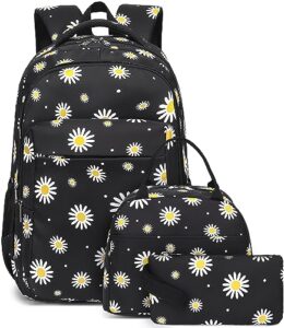 ledaou backpack for teen girls school bags kids bookbags set school backpack with lunch box and pencil case (white daisies black)