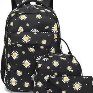 LEDAOU Backpack for Teen Girls School Bags Kids Bookbags Set School Backpack with Lunch Box and Pencil Case (White Daisies Black)