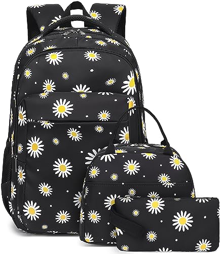 LEDAOU Backpack for Teen Girls School Bags Kids Bookbags Set School Backpack with Lunch Box and Pencil Case (White Daisies Black)