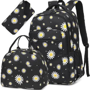 LEDAOU Backpack for Teen Girls School Bags Kids Bookbags Set School Backpack with Lunch Box and Pencil Case (White Daisies Black)