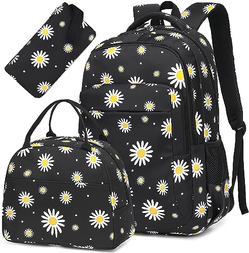 LEDAOU Backpack for Teen Girls School Bags Kids Bookbags Set School Backpack with Lunch Box and Pencil Case (White Daisies Black)