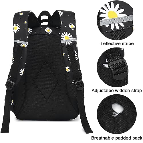 LEDAOU Backpack for Teen Girls School Bags Kids Bookbags Set School Backpack with Lunch Box and Pencil Case (White Daisies Black)