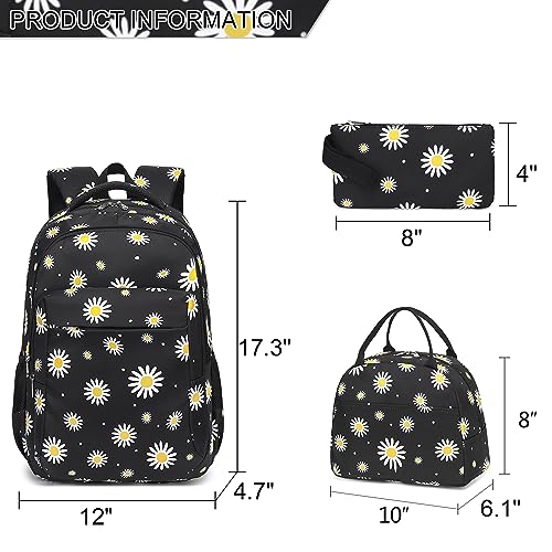 LEDAOU Backpack for Teen Girls School Bags Kids Bookbags Set School Backpack with Lunch Box and Pencil Case (White Daisies Black)