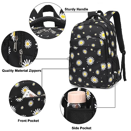 LEDAOU Backpack for Teen Girls School Bags Kids Bookbags Set School Backpack with Lunch Box and Pencil Case (White Daisies Black)