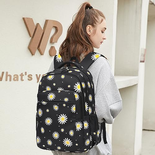 LEDAOU Backpack for Teen Girls School Bags Kids Bookbags Set School Backpack with Lunch Box and Pencil Case (White Daisies Black)