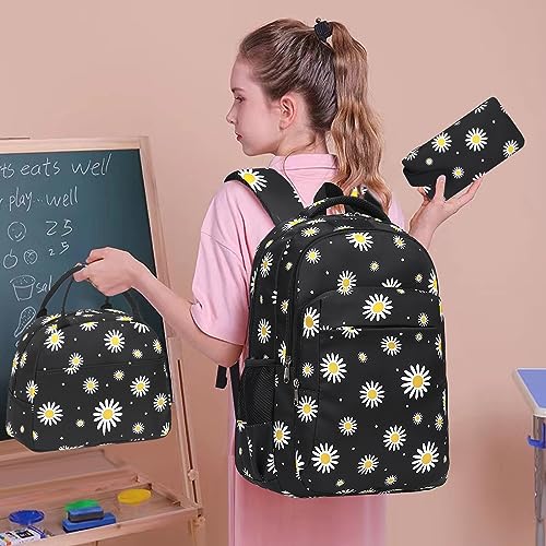 LEDAOU Backpack for Teen Girls School Bags Kids Bookbags Set School Backpack with Lunch Box and Pencil Case (White Daisies Black)