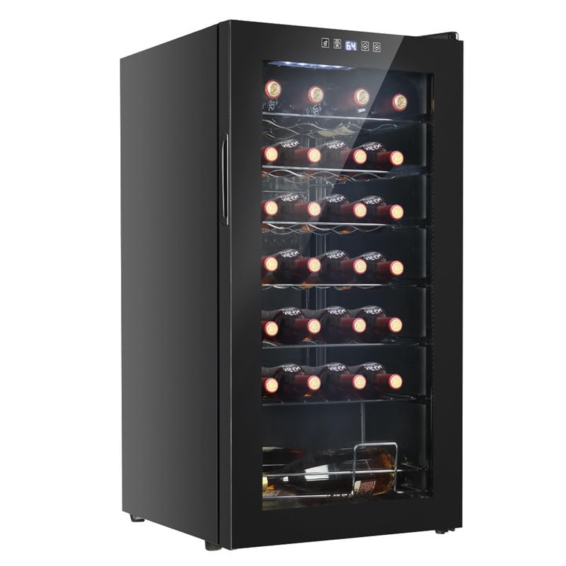 LEADZM 28 Bottle Freestanding Wine Fridge, Compressor Wine Cooler Refrigerator, Mini Wine Cellar for Red, White Wine and Champagne with Digital Temperature Control & Double-layered Glass Door