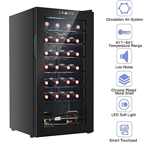 LEADZM 28 Bottle Freestanding Wine Fridge, Compressor Wine Cooler Refrigerator, Mini Wine Cellar for Red, White Wine and Champagne with Digital Temperature Control & Double-layered Glass Door