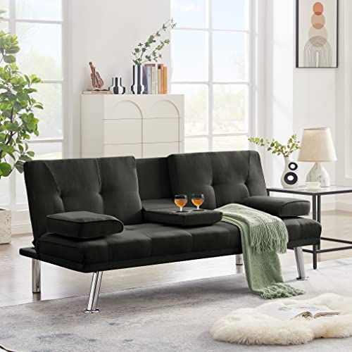 Eafurn Upholstered Futon Sofa Bed with Mattress and Frame, Convertible Loveseat Lounge Couch Daybed,Folding Love Seat w/Adjustable Backrest Sofabed, Black Fabric w/ 2 Cupholders