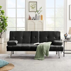 Eafurn Upholstered Futon Sofa Bed with Mattress and Frame, Convertible Loveseat Lounge Couch Daybed,Folding Love Seat w/Adjustable Backrest Sofabed, Black Fabric w/ 2 Cupholders