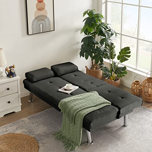 Eafurn Upholstered Futon Sofa Bed with Mattress and Frame, Convertible Loveseat Lounge Couch Daybed,Folding Love Seat w/Adjustable Backrest Sofabed, Black Fabric w/ 2 Cupholders