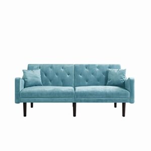 eafurn futon couch bed sleeper loveseat, convertible folding sofa, adjustable backrest, modern 2 seater upholstered love seat sofa& couches sofabed, blue w/curved armrest and 2 pillows