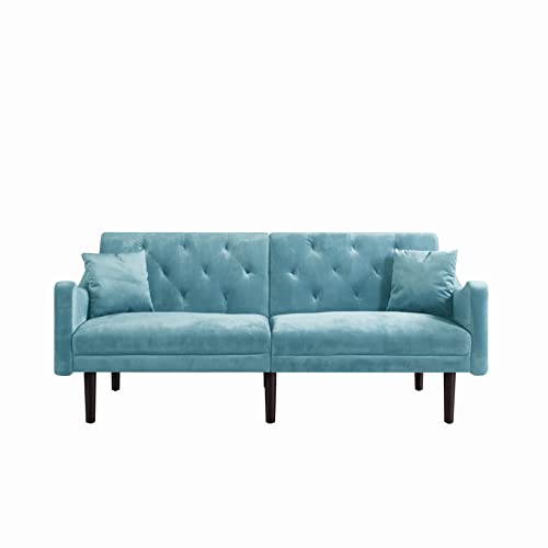 Eafurn Futon Couch Bed Sleeper Loveseat, Convertible Folding Sofa, Adjustable Backrest, Modern 2 Seater Upholstered Love Seat Sofa& Couches Sofabed, Blue w/Curved Armrest and 2 Pillows