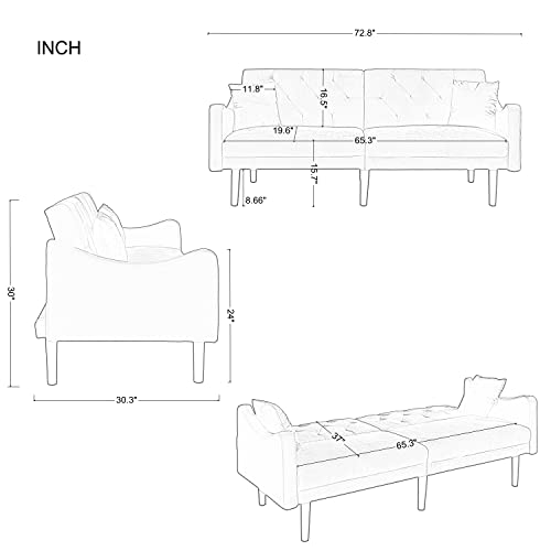 Eafurn Futon Couch Bed Sleeper Loveseat, Convertible Folding Sofa, Adjustable Backrest, Modern 2 Seater Upholstered Love Seat Sofa& Couches Sofabed, Blue w/Curved Armrest and 2 Pillows