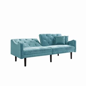 Eafurn Futon Couch Bed Sleeper Loveseat, Convertible Folding Sofa, Adjustable Backrest, Modern 2 Seater Upholstered Love Seat Sofa& Couches Sofabed, Blue w/Curved Armrest and 2 Pillows