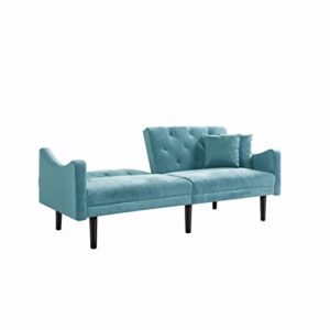 Eafurn Futon Couch Bed Sleeper Loveseat, Convertible Folding Sofa, Adjustable Backrest, Modern 2 Seater Upholstered Love Seat Sofa& Couches Sofabed, Blue w/Curved Armrest and 2 Pillows