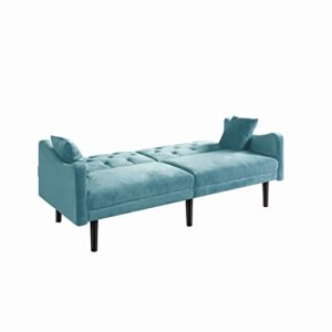 Eafurn Futon Couch Bed Sleeper Loveseat, Convertible Folding Sofa, Adjustable Backrest, Modern 2 Seater Upholstered Love Seat Sofa& Couches Sofabed, Blue w/Curved Armrest and 2 Pillows