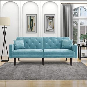 Eafurn Futon Couch Bed Sleeper Loveseat, Convertible Folding Sofa, Adjustable Backrest, Modern 2 Seater Upholstered Love Seat Sofa& Couches Sofabed, Blue w/Curved Armrest and 2 Pillows