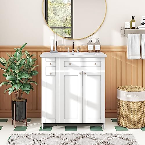 Voohek 30", Single Undermount Sink,Combo Cabinet, Storage Fixture, White Bathroom Vanities