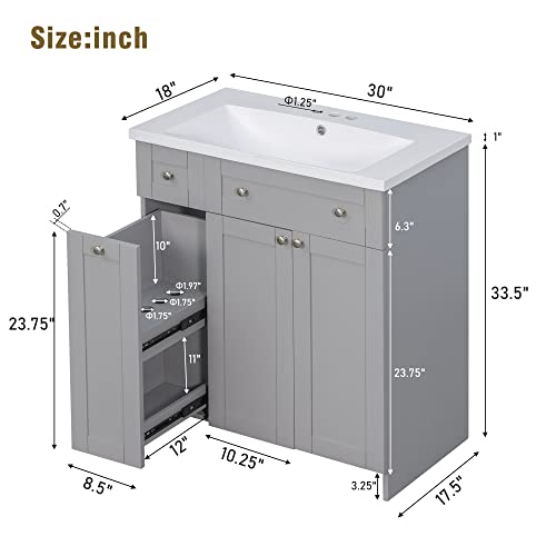 Voohek 30", Single Undermount Sink,Combo Cabinet, Storage Fixture, Grey Bathroom Vanities