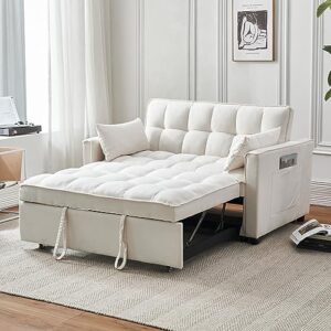 ugijei 55.5'' 3-in-1 convertible sleeper sofa bed, velvet pull out sofa bed with pull out bed, adjustable backrest, storage pockets & pillows, modern pull out couch for living room furniture (beige)