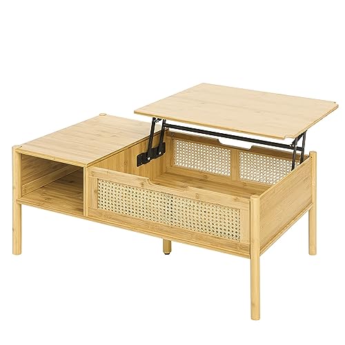 Aperturee Natural Bamboo and Rattan Wood Lift Top Coffee Table with Hidden Compartment and Adjustable Storage Shelf Lift Tabletop Dining Table for Home Living Room Office (Natural)