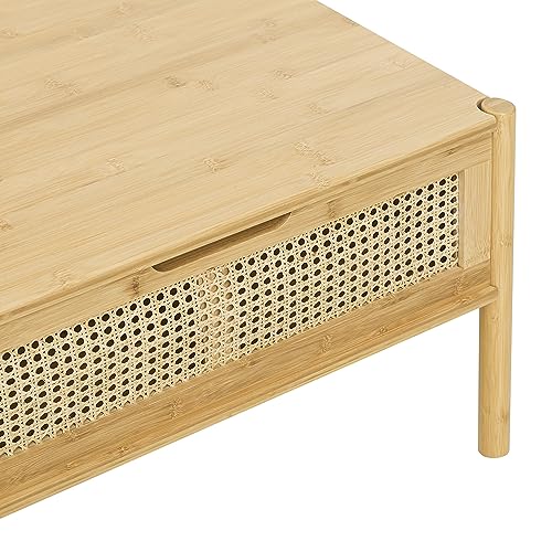 Aperturee Natural Bamboo and Rattan Wood Lift Top Coffee Table with Hidden Compartment and Adjustable Storage Shelf Lift Tabletop Dining Table for Home Living Room Office (Natural)