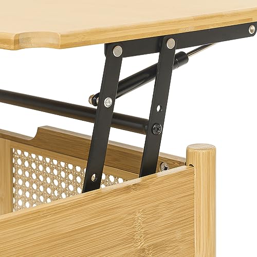 Aperturee Natural Bamboo and Rattan Wood Lift Top Coffee Table with Hidden Compartment and Adjustable Storage Shelf Lift Tabletop Dining Table for Home Living Room Office (Natural)